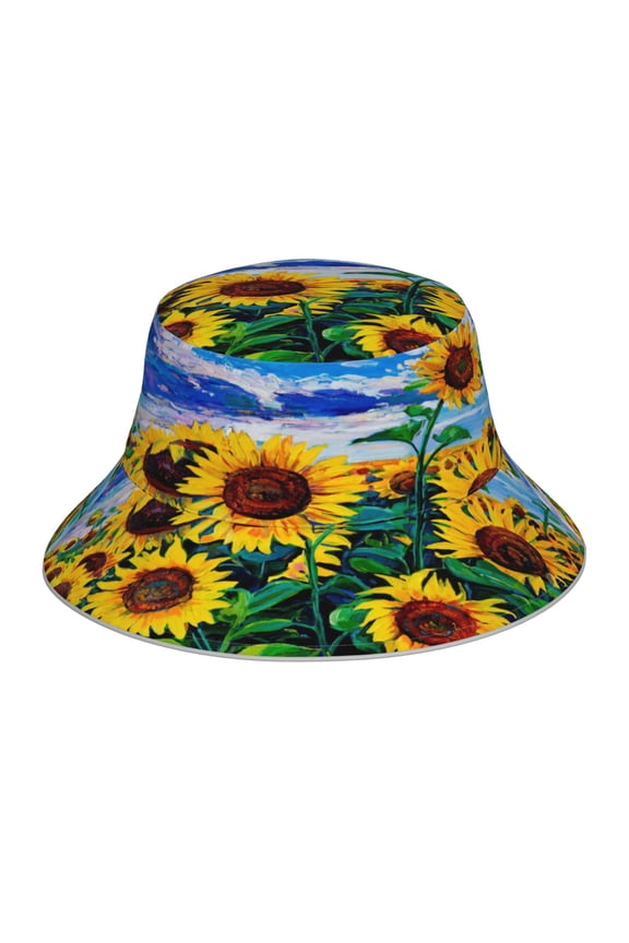 Landscape With Sunflowers Reflective Double-Sided Bucket Hat, Sun Hat, Soft and Breathable for Gardening, Beaching, Camping, Hiking, Fishing