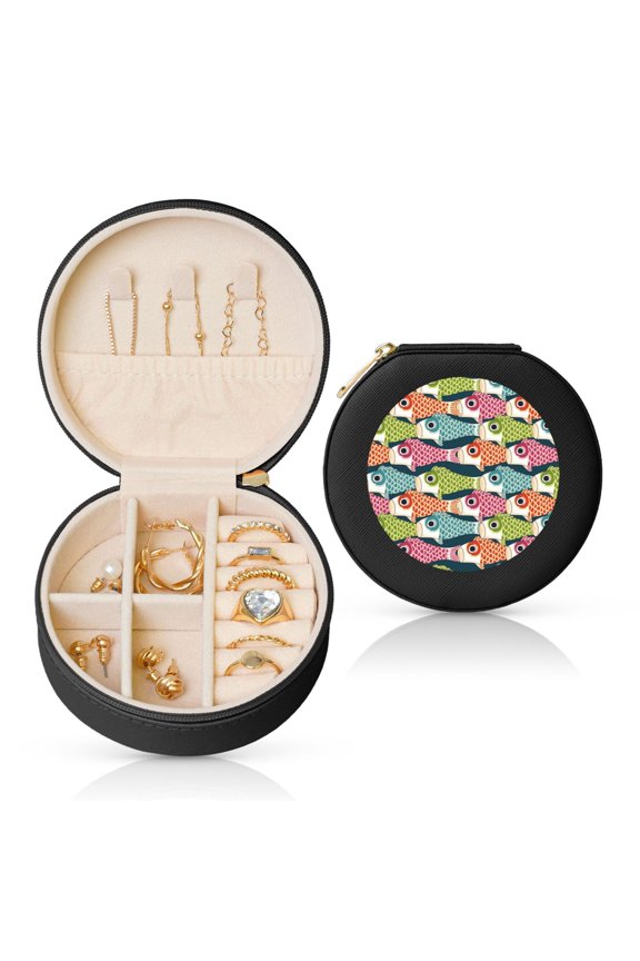 Lantern Koi Fish Round Jewelry Box, Travel Jewelry Organizer, 3.9 x 3.9 x 2in Jewelry Storage Box for Women-Black