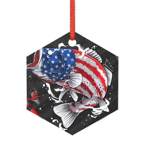 Naloa Largemouth Bass Fish in USA Acrylic Santa Tree Decorations Christmas Hanging Pendant for Christmas Winter New Year Party Hanging Decorations-Hexagon