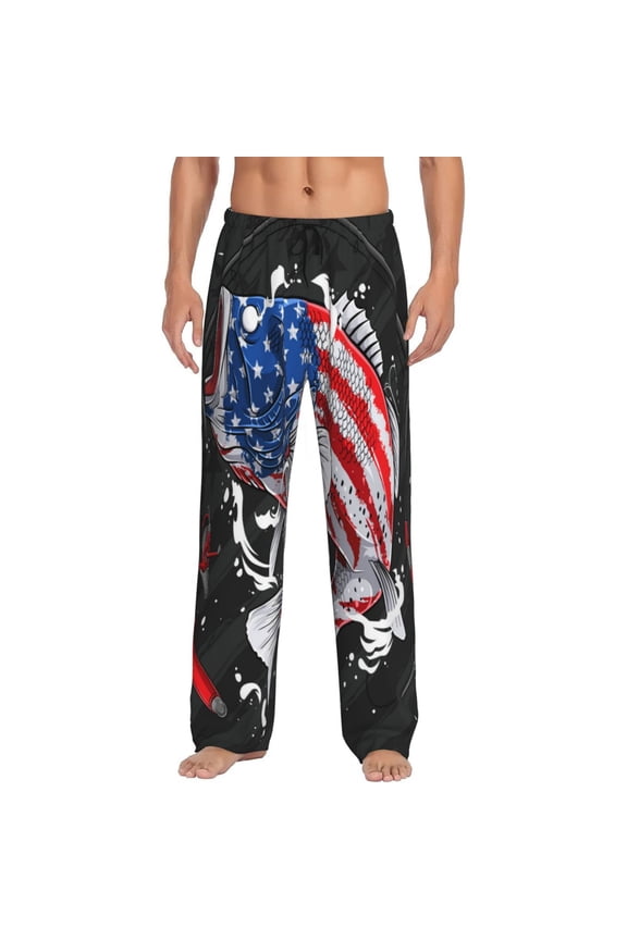 Largemouth Bass Fish in USA Pajama Pants Men, PJ Bottoms, Sleep & Lounge Pants-X-Large