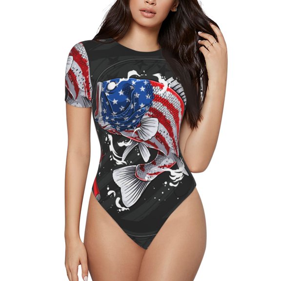 Naloa Largemouth Bass Fish in USA Women's Short-Sleeved Onesie, One-Piece Swimsuit for Parties, dates, clubs - XX-Large