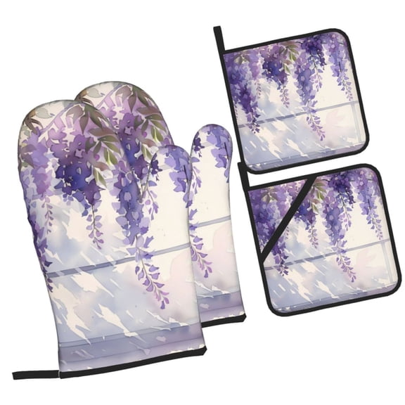 Naloa Lavender Blooms Window Oven Mitts and Pot Holders 4 pcs Set, Cooking Baking Grilling Kitchen Oven Glove for Cooking