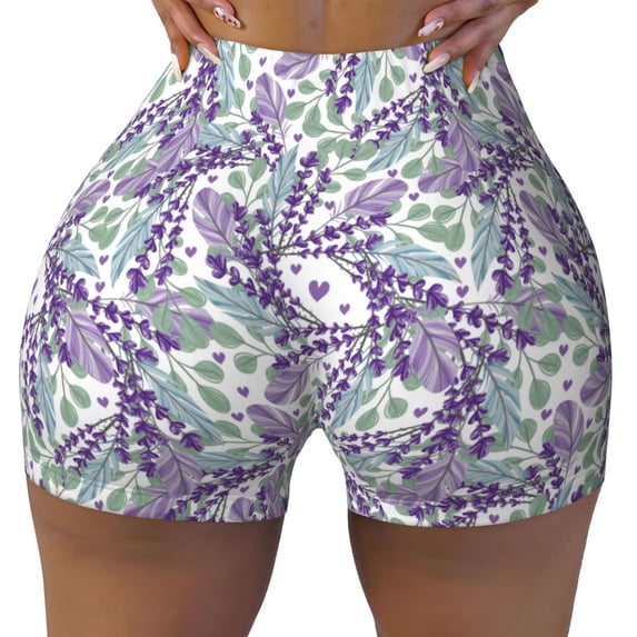 Naloa Lavender Flowers Biker Shorts for Women Seamless Scrunch Short Women’s Yoga Shorts for Gym Running Sport Shorts - Medium