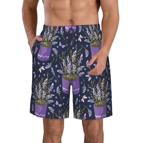 Naloa Lavender Flowers Men's Beach Shorts, Surfing shorts, Swim trunks, Quick Dry Swim Trunks for Surfing Beach Fun - Large