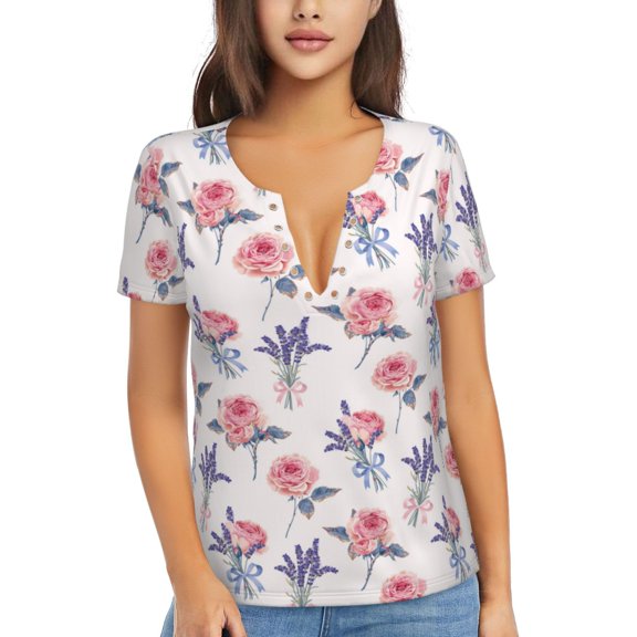 Naloa Lavender Flowers Print T-Shirts Short Sleeve V Neck Tees for Women Fashion Tops Trendy Lightweight Soft Casual Summer Outfits Clothes