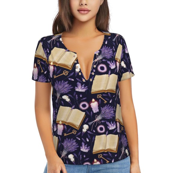 Naloa Lavender Flowers Print T-Shirts Short Sleeve V Neck Tees for Women Fashion Tops Trendy Lightweight Soft Casual Summer Outfits Clothes