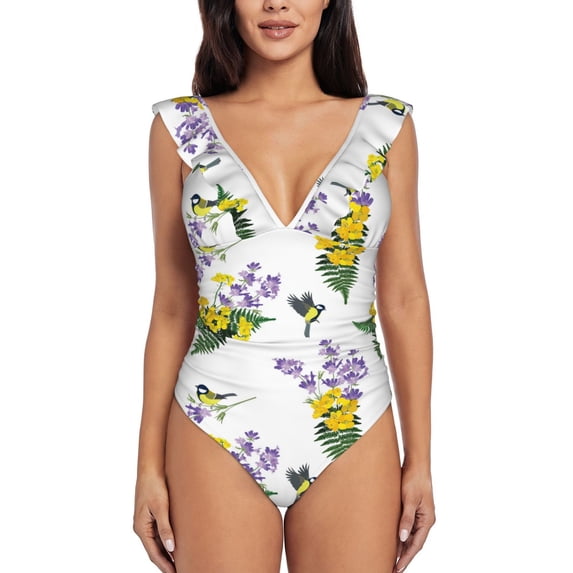 Naloa Lavender Flowers Print Women One Piece Swimsuits Tummy Control Bathing Suit Ruffle V Neck Swimwear Slimming Monokini