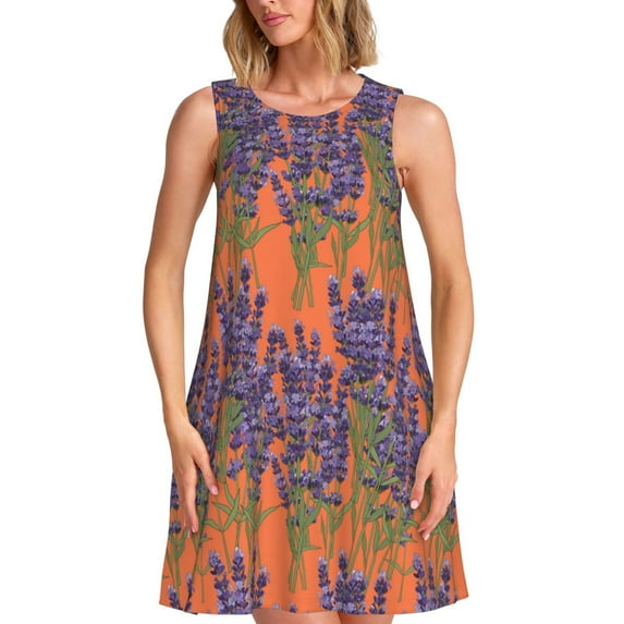 Naloa Lavender Flowers Print Women's Summer Spring Casual Beach Sundress,Vacation Sleeveless Tank Crewneck Loose Dresses