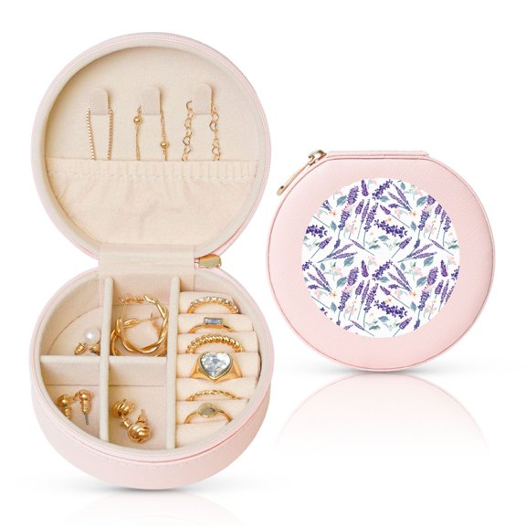 Naloa Lavender Flowers Round Jewelry Box, Travel Jewelry Organizer, 3.9 x 3.9 x 2in Jewelry Storage Box for Women-Pink