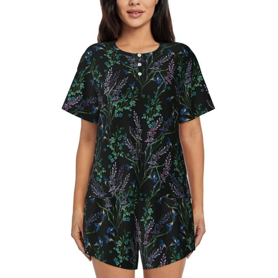 Naloa Lavender Flowers Women's Short-Sleeved Pajama Set, Loungewear, Summer pajamas, Breathable Cozy - 3X-Large