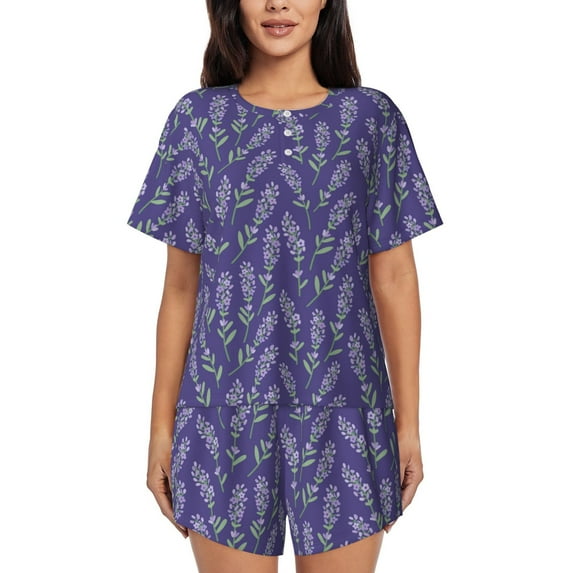 Naloa Lavender Flowers Women's Short-Sleeved Pajama Set, Loungewear, Summer pajamas, Breathable Cozy - Large
