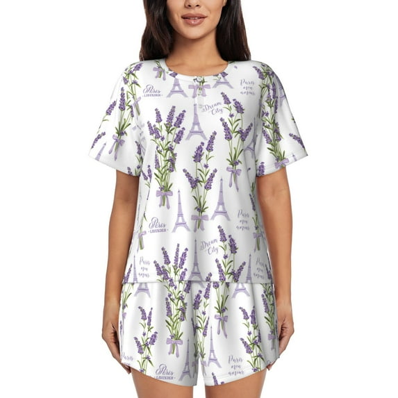 Naloa Lavender Flowers Women's Short-Sleeved Pajama Set, Loungewear, Summer pajamas, Breathable Cozy - X-Large