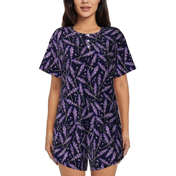 Naloa Lavender Flowers Women's Short-Sleeved Pajama Set, Loungewear, Summer pajamas, Breathable Cozy - XX-Large