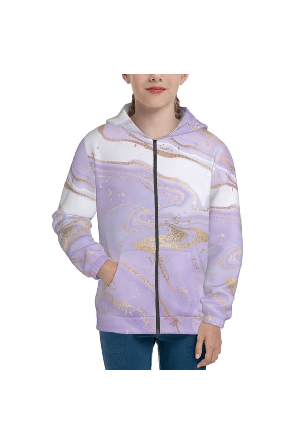 Lavender Glitter Foil Stripes Teenage Zipper Hoodie, Long Sleeve Zip Up Hoodies Casual Jackets Tops for 7-12 Years-Small