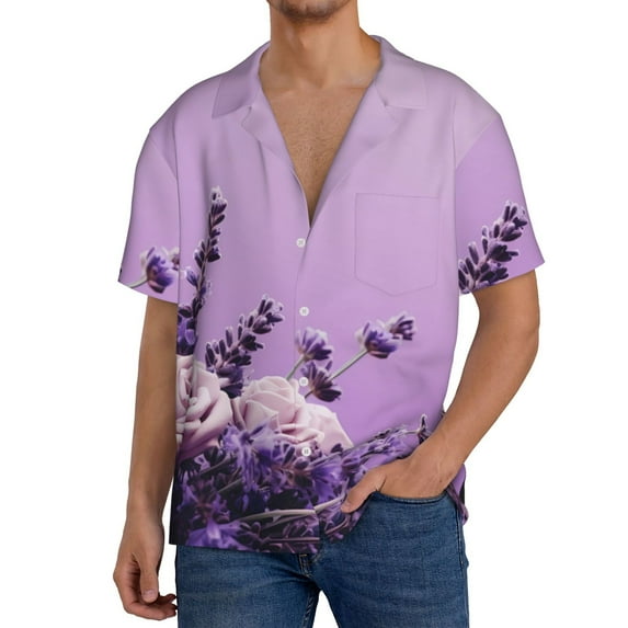 Naloa Lavender Roses Arrangement Men's Loose Fit Cuban Collar Short-Sleeve Shirt, Hawaiian Shirts, Mens Shirts Casual for Everyday Wear Outings-Small