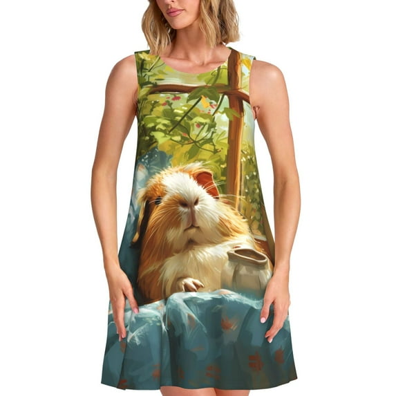 Naloa Lazy Home Style Guinea Pig Print Women's Summer Spring Casual Beach Sundress,Vacation Sleeveless Tank Crewneck Loose Dresses