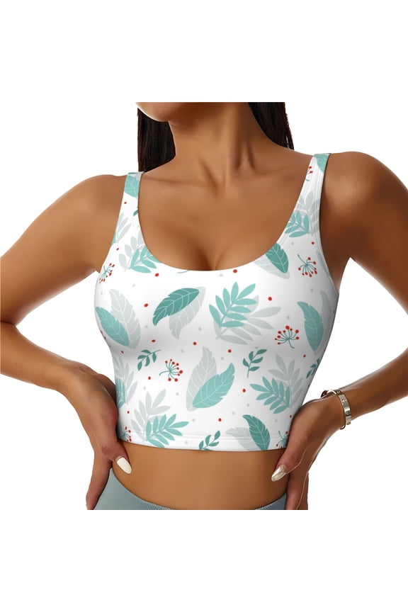 Leaf Print Green Sports Bras for Women, High Support Bra with Removable Pads, Comfortable - Small