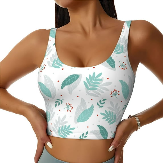 Naloa Leaf Print Green Sports Bras for Women, High Support Bra with Removable Pads, Comfortable - X-Large