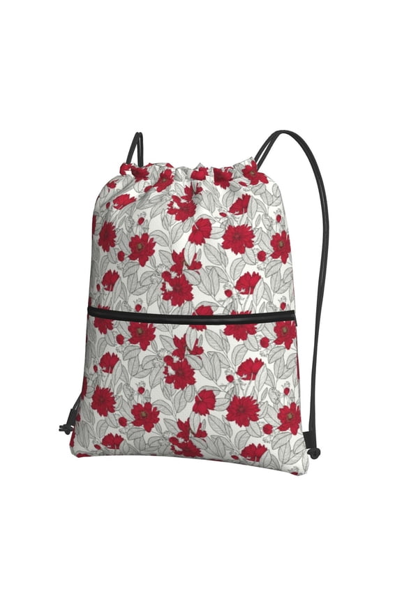 Leaves And Anemone Flowers In Red Grey Drawstring Backpack String Bag Cinch Water Resistant for Gym Shopping Sport Yoga