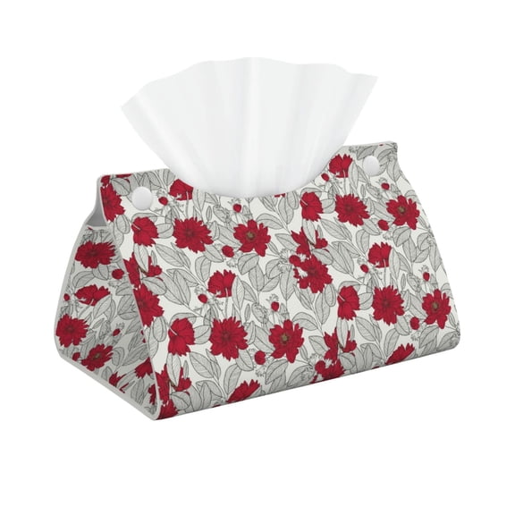 Naloa Leaves And Anemone Flowers In Red Grey Print Leather Tissue Box Cover Rectangle | Long Tissue Box Cover | Tissue Box Holder | Tissue Holder for Bathroom