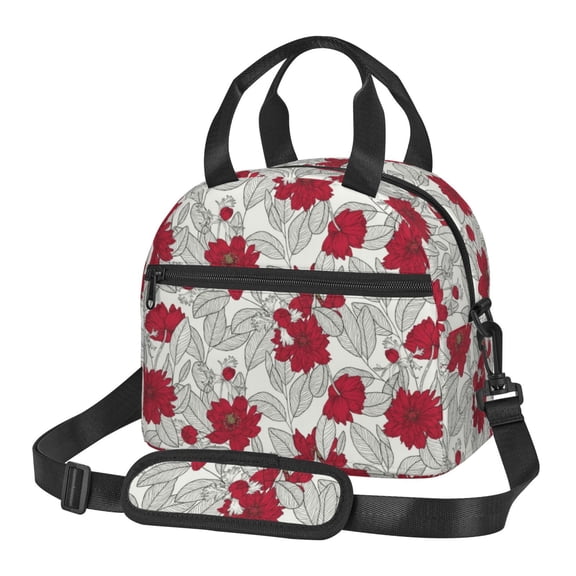 Naloa Leaves And Anemone Flowers In Red Grey Print Lunch Bag for Women & Men Insulated Lunch Box or Cooler Lunch Tote Bags for Work, Travel, Outdoor