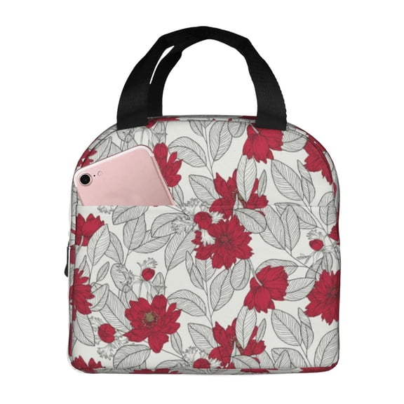 Naloa Leaves And Anemone Flowers In Red Grey Print Lunch Box for Women Men,Insulated Lunch Bag,Lunchbox,Thermal Leakproof Cooler,Reusable Lunch Tote Bag for Work School Travel Picnic