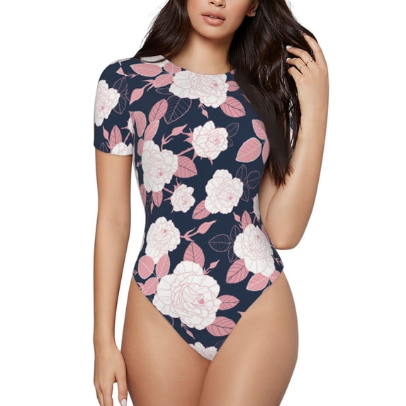 Naloa Leaves Flower Women's Short-Sleeved Onesie, One-Piece Swimsuit for Parties, dates, clubs - XX-Large
