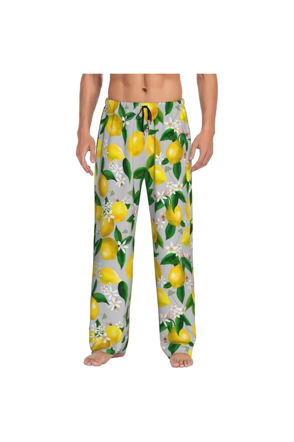 Lemon Seamless Pattern Oil Painting Effect Pajama Pants Men, PJ Bottoms, Sleep & Lounge Pants-