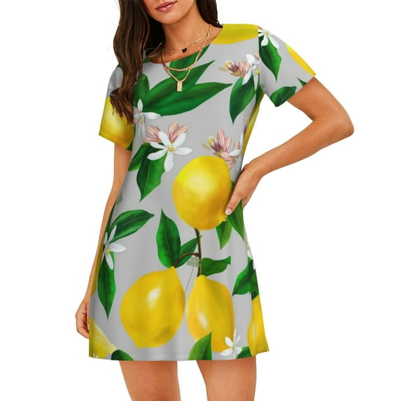 Naloa Lemon Seamless Pattern Oil Painting Effect Print Women Nightgowns,Womens Loungewear,Short Sleeve Sleepwear,Comfy Ladies Nightdress