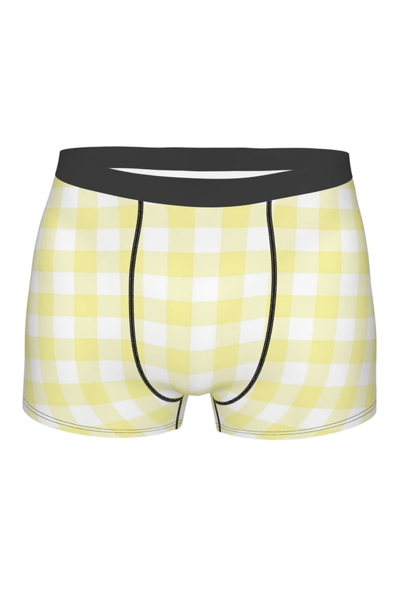 Lemon Yellow Checkboard Print Mens Underwear - Boxers for Men, Classic Briefs for Men