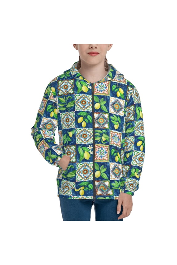 Lemon and Leaves Teenage Zipper Hoodie, Long Sleeve Zip Up Hoodies Casual Jackets Tops for 7-12 Years-Medium