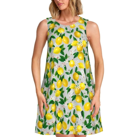 Naloa Lemon1 Print Women's Summer Spring Casual Beach Sundress,Vacation Sleeveless Tank Crewneck Loose Dresses