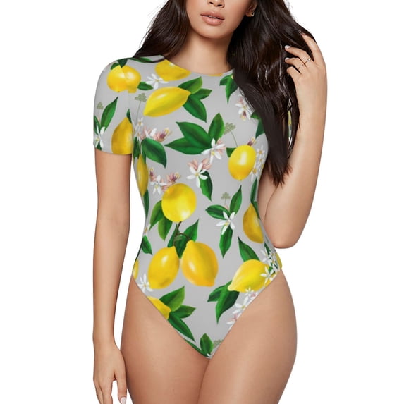 Naloa Lemon1 Women's Short-Sleeved Onesie, One-Piece Swimsuit for Parties, dates, clubs - Large