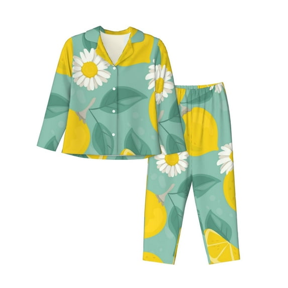 Naloa Lemons Chamomile Flowers And Leaves Pajamas for Women Set, Womens Pajama Sets, Lounge Sets for Women, 2pjs for Women-X-Large