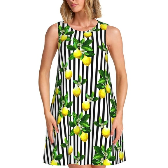 Naloa Lemons on Striped Print Women's Summer Spring Casual Beach Sundress,Vacation Sleeveless Tank Crewneck Loose Dresses