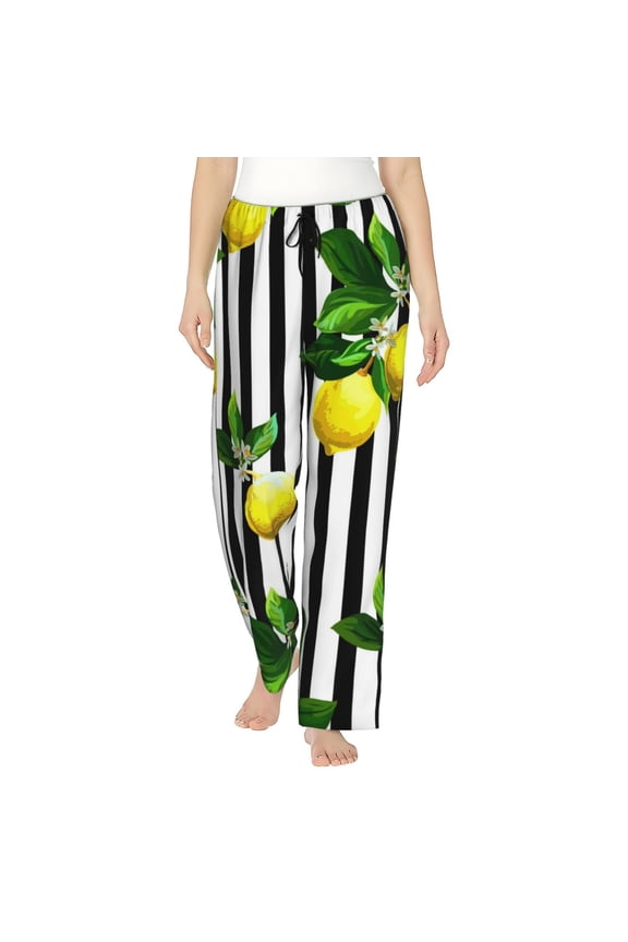 Lemons on Striped Print Women’s Ultra-Soft Comfy Pajama Lounge Pants with Pockets & Drawstring