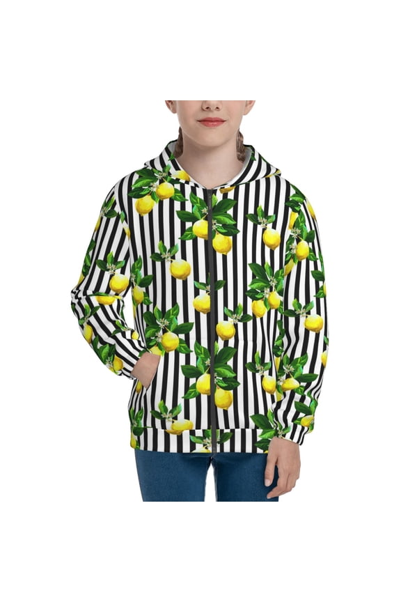 Lemons on Striped Teenage Zipper Hoodie, Long Sleeve Zip Up Hoodies Casual Jackets Tops for 7-12 Years-Medium