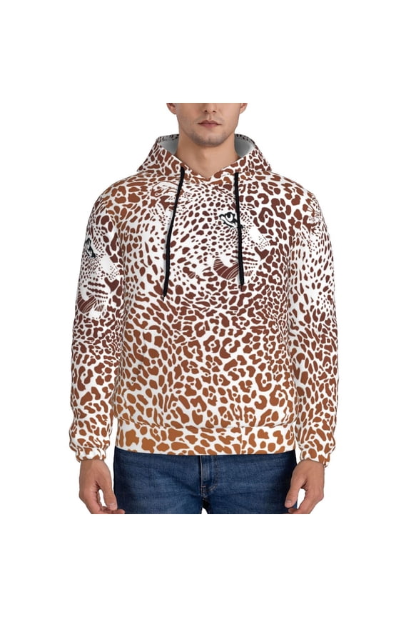 Leopard Brown Men's Casual Hooded Collar Drawstring Hoodies Pullover Sweatshirts Casual Long Sleeve Shirts-4X-Large