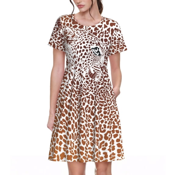 Naloa Leopard Brown Print Womens Summer A-Line Dress with Pockets,Short Sleeve Dresses,Flowy Beach Swing Dress for Vacation Travel