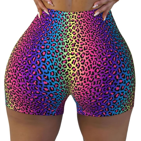 Naloa Leopard Neon Rainbow Gradient Biker Shorts for Women Seamless Scrunch Short Women’s Yoga Shorts for Gym Running Sport Shorts - X-Large
