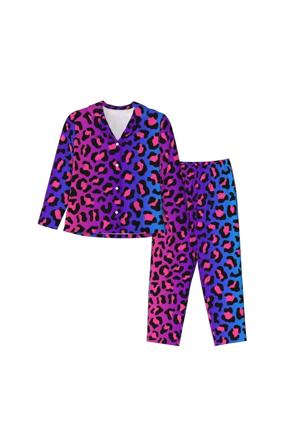 Leopard Neon Rainbow Gradient Pajamas for Women Set, Womens Pajama Sets, Lounge Sets for Women, 2pjs for Women-X-Large
