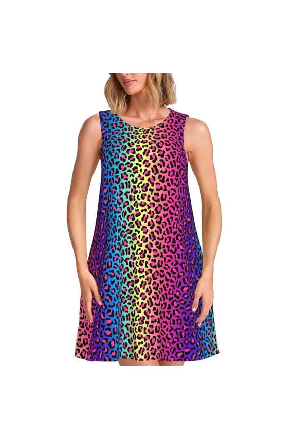 Leopard Neon Rainbow Gradient Print Women's Summer Spring Casual Beach Sundress,Vacation Sleeveless Tank Crewneck Loose Dresses