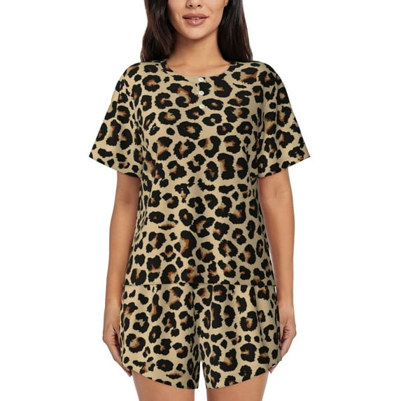 Naloa Leopard Print-1 Women's Short-Sleeved Pajama Set, Loungewear, Summer pajamas, Breathable Cozy - Medium