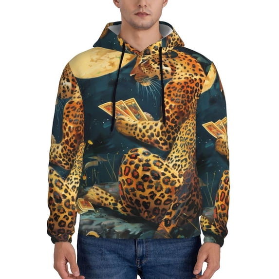 Naloa Leopard Reading Tarot Cards Men's Casual Hooded Collar Drawstring Hoodies Pullover Sweatshirts Casual Long Sleeve Shirts-Medium