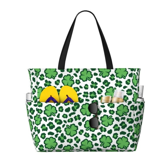 Naloa Leopard print St. Patrick's Day Large Capacity Beach Bag, Waterproof Sandproof Beach Swim Pool Bag Tote Bag for Women