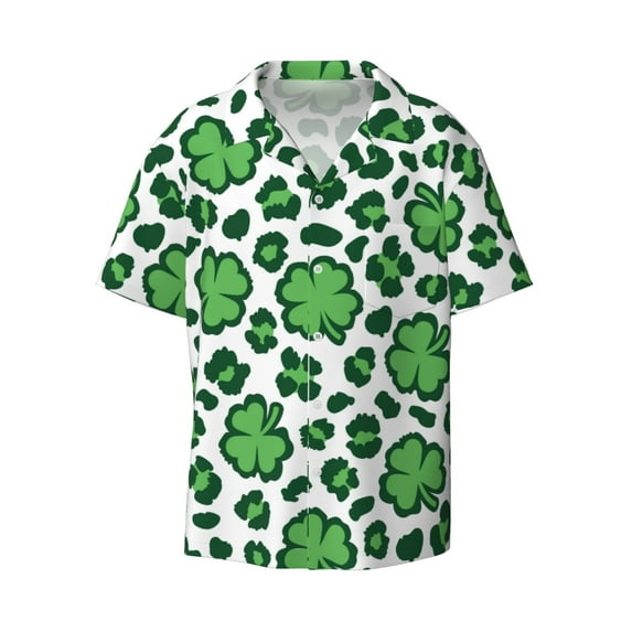 Naloa Leopard print St. Patrick's Day Men's Loose Fit Cuban Collar Short-Sleeve Shirt with Button-down and Chest Pocket for Everyday Wear Outings - Small