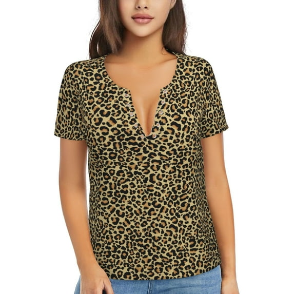 Naloa Leopard2 Print T-Shirts Short Sleeve V Neck Tees for Women Fashion Tops Trendy Lightweight Soft Casual Summer Outfits Clothes