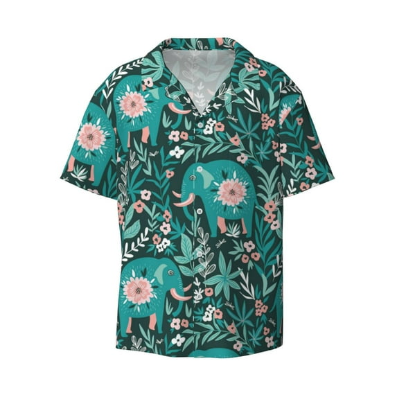 Naloa Lephants in the Jungle Men's Loose Fit Cuban Collar Short-Sleeve Shirt with Button-down and Chest Pocket for Everyday Wear Outings - 4X-Large