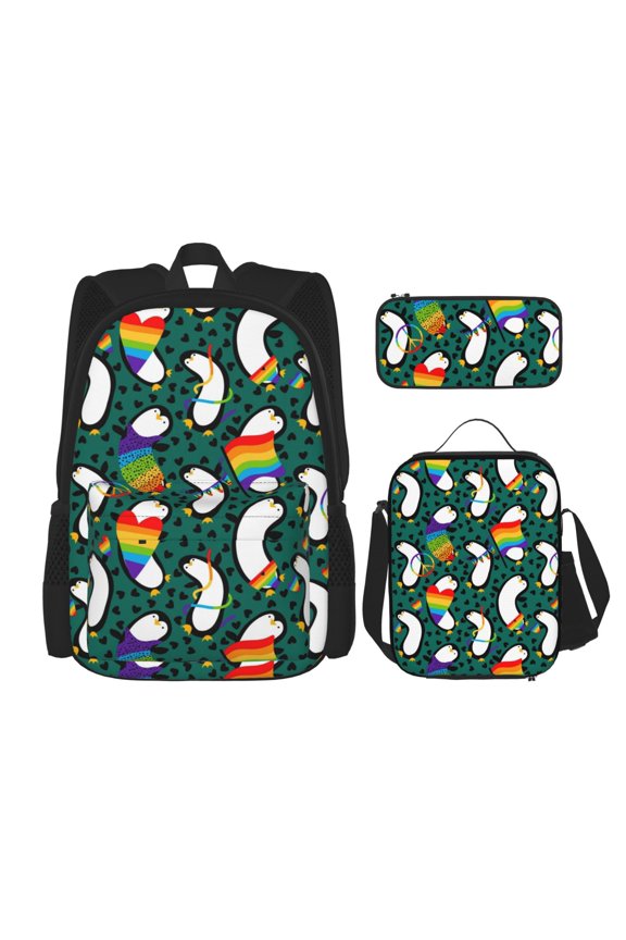 Lgbt Penguin Print Large Capacity Backpack Lunch Bag Pencil Case Combination 3 Piece Set for Student