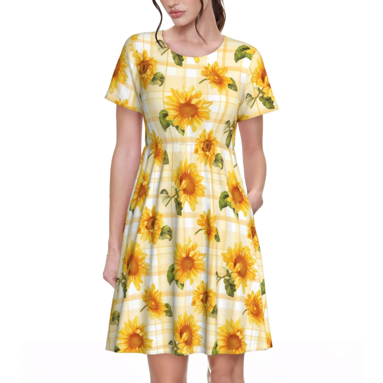 Naloa Light Yellow Plaid Sunflower Print Womens Summer A-Line Dress with  Pockets,Short Sleeve Dresses,Flowy Beach Swing Dress for Vacation Travel